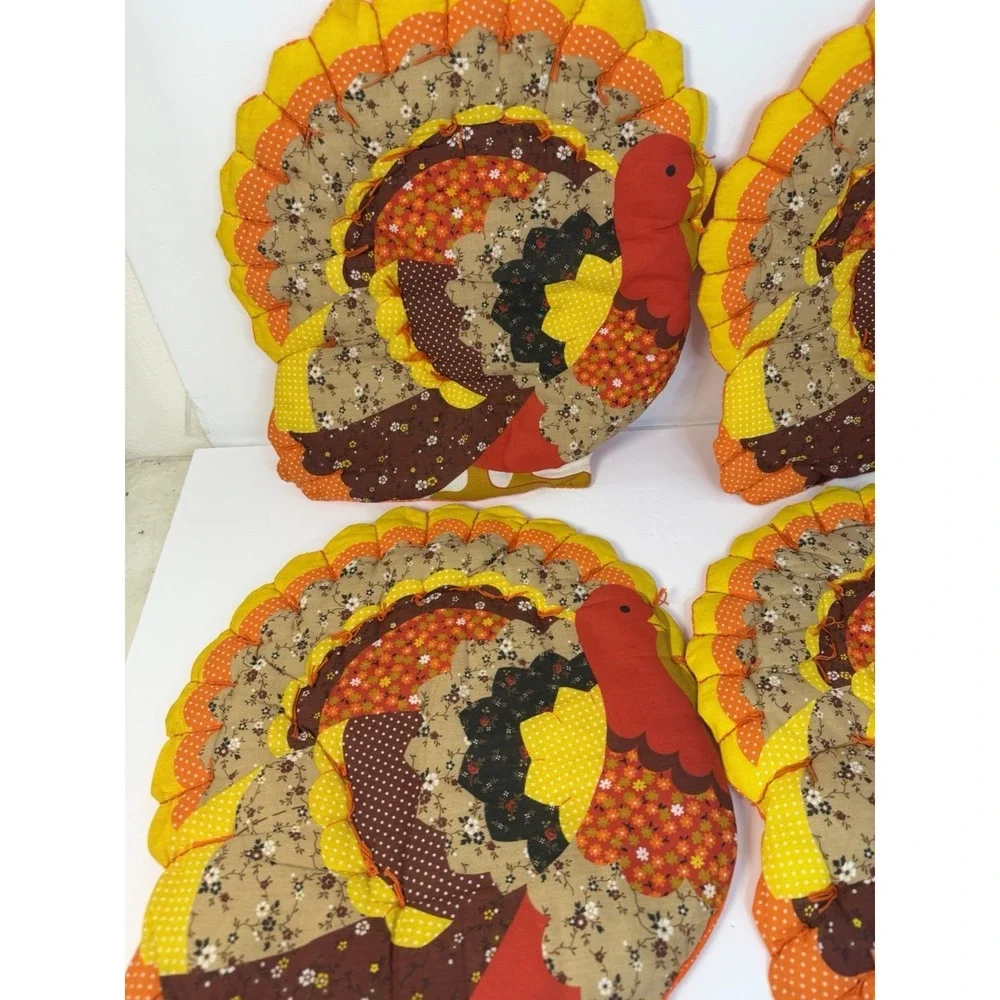 Quilted Turkey Handmade Thanksgiving Decor Placemats Set of 4 Vintage Holiday #2